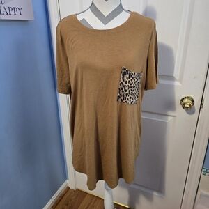 Zenana Brown Top With Leopard Print Pocket Size 1X